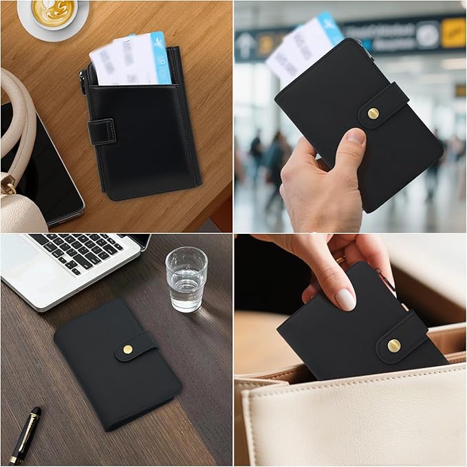 Full Grain Leather Passport Wallet, RFID Blocking Passport Holder with AirTag Slot, Multi Compartment Travel Wallet for Women & Men, Secure Passport Cover Case for Airport Essentials (Black)