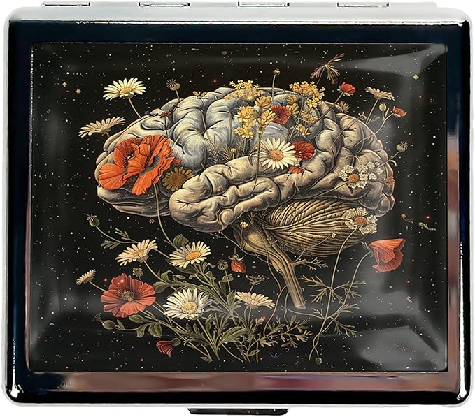 Cute and Stylish Metal Pill Box - Compact Portable Pill Organizer with 8 Compartments, Food-Grade Divider, Ideal for Travel, Vitamins, Jewelry, Cosmetics (Floral Cerebrum)
