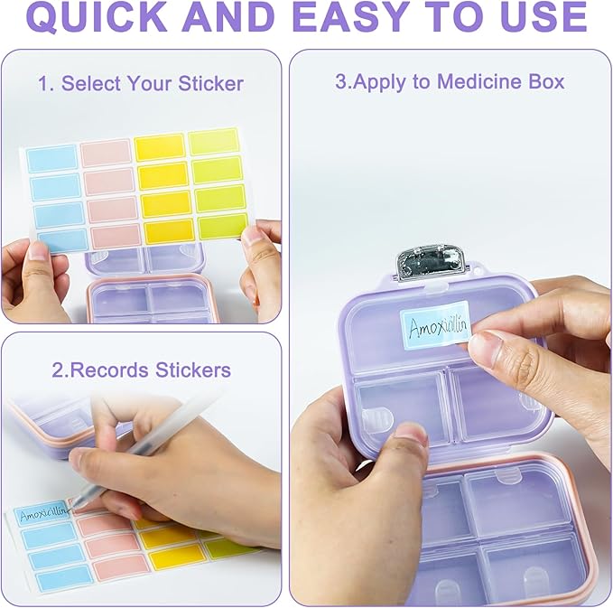 Travel Pill Organizer Box with Labels, 7 Compartments Portable Mini Pill Case, Daily Medication Organizer Storage Pill Container for Pocket Pharmacy(Purple, S)