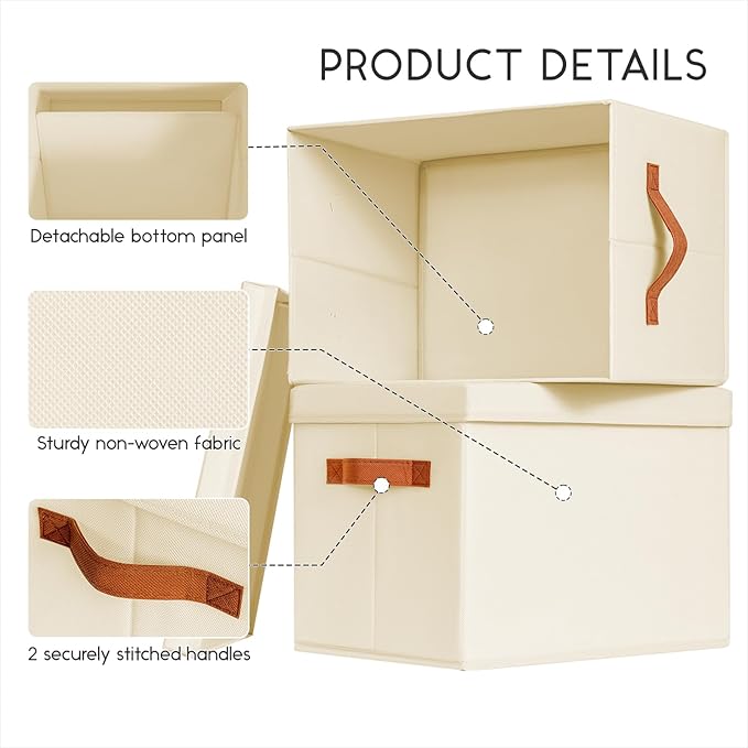 Storage Bins with Lids - Large Fabric Closet Bins with Lid, 6 Pack Clothes Organizers and Storage, Collapsible Stackable Cube Basket for Home, Office, Dorm, Beige