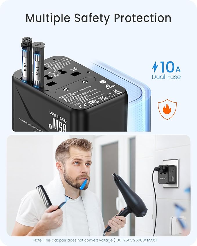 LENCENT Universal Travel Adapter, GaN3 65W International Charger with 2 QC4.0 USB-A+ 2 PD3.0 Type-C PPS Fast Charging, Worldwide European Outlet Adaptor for iPhone,Samsung,Laptops, USA/UK/EU/AUS