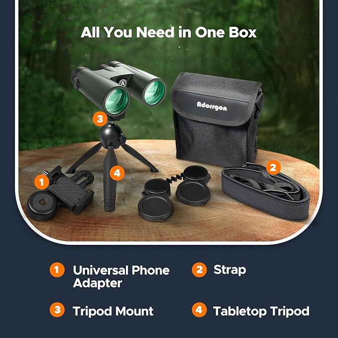 Adorrgon 15x45 HD Binoculars for Adults High Powered with Phone Adapter, Tripod and Tripod Adapter - Large View Binoculars with Clear Low Light Vision for Bird Watching Cruise Travel