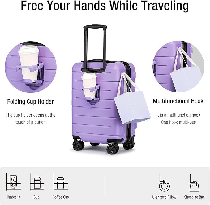 KYME Hardside Expandable Carry On Luggage 22x14x9 Airline Approved with TSA Lock Hardshell Carry On Suitcase with Wheels Small Travel Rolling 20 Inch Luggage with Cup Holder for Women Lt Purple
