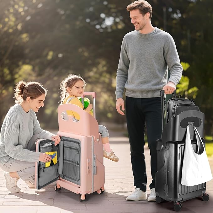 Ride On Luggage with Foldable Seat for Kids&Adults with Seat Belt,Hardshell Ride On Suitcase with Front Pocket,Lockable 4-Spinner Wheels,USB Port,TSA Lock,20 inch,Pink