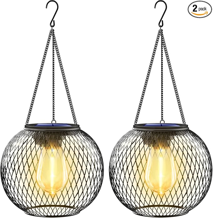 UBright Solar Lanterns Lights Outdoor Waterproof Metal Hanging Solar Powered Lights for Outside Decorative Lanterns for Garden Yard Patio Pathway, 2 Pack