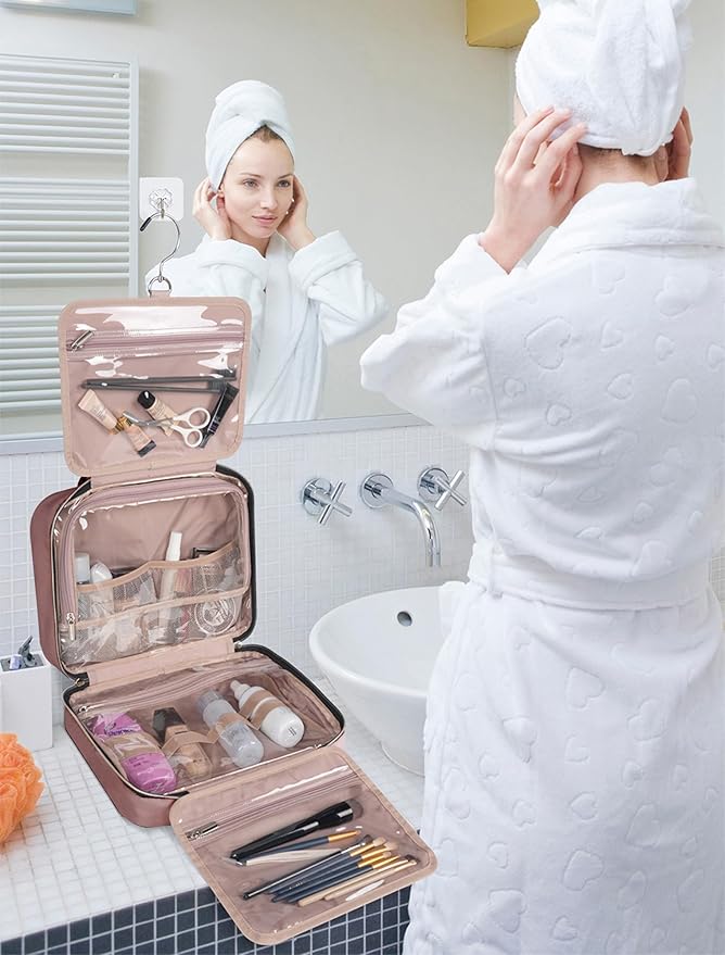Brown Toiletry Bag, Makeup Organizer, Travel Bag For Women Mens Toiletries, Waterproof with Hanging Hook, Large Capacity