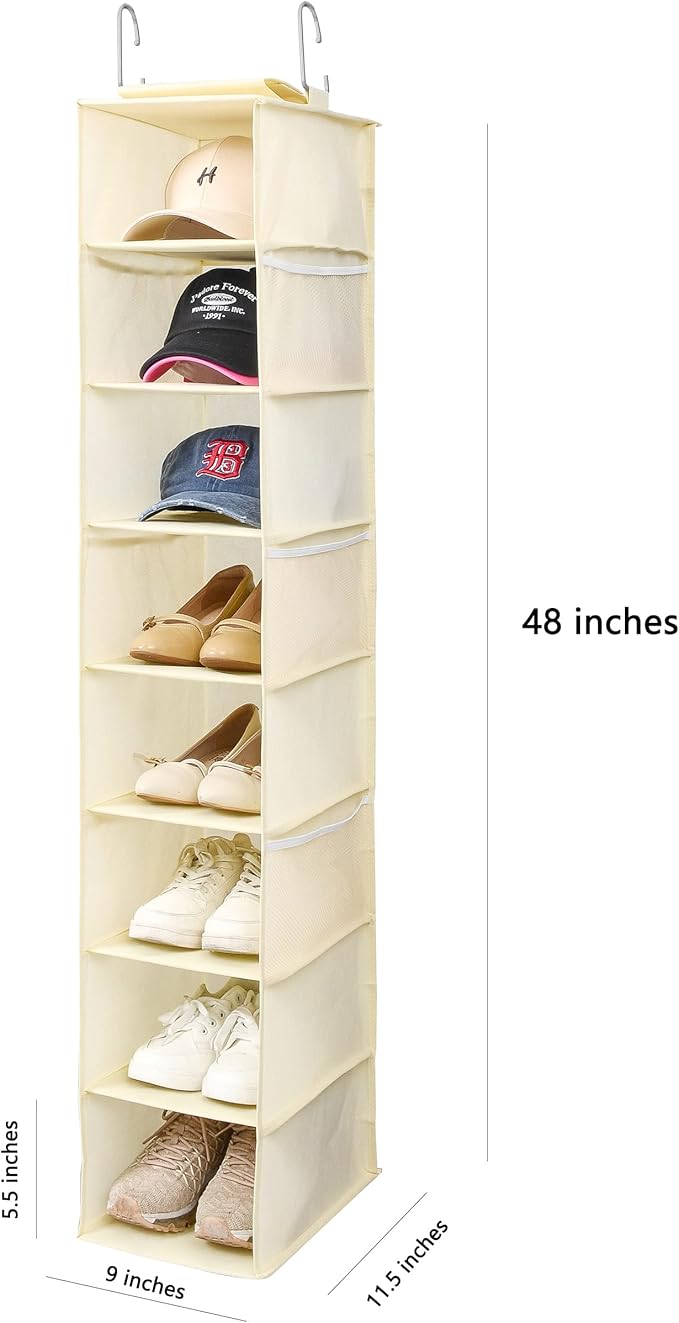 Hanging Shoe Organizer for Closet with Side Mesh Pockets，Hat Racks for Baseball Caps，Shoe and Hat Holder & Storage，8-Shelf，Beige，1 Pack