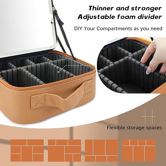 Makeup Bag with Led Mirror,Travel Makeup Organizer with 3 Color Setting, Portable Storage and Adjustable Dividers Travel Makeup Bag(brown)