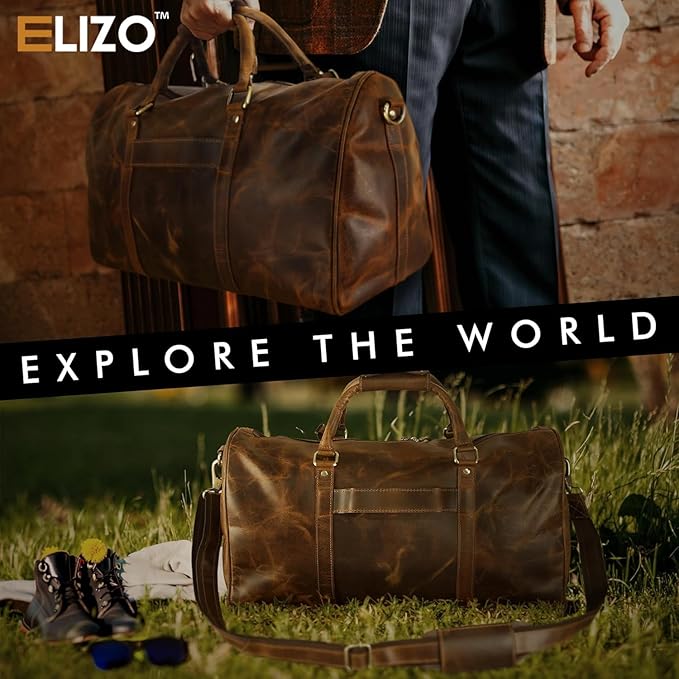 ELIZO Leather Duffle Bag For Men Women REAL FULL GRAIN Travel Overnight Weekender Carry On Luggage Sports Gym Bags (Antique 20 Inch) Origin