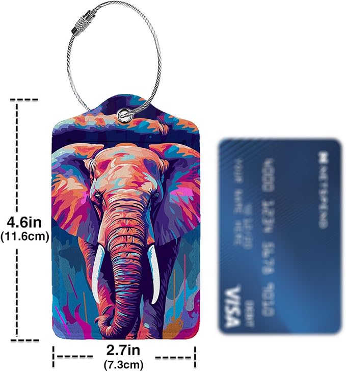 Colorful Elephant 2 Pcs Luggage Tags,Privacy Cover ID Label with Stainless Steel Loop and Address Card for Travel Bag Suitcase