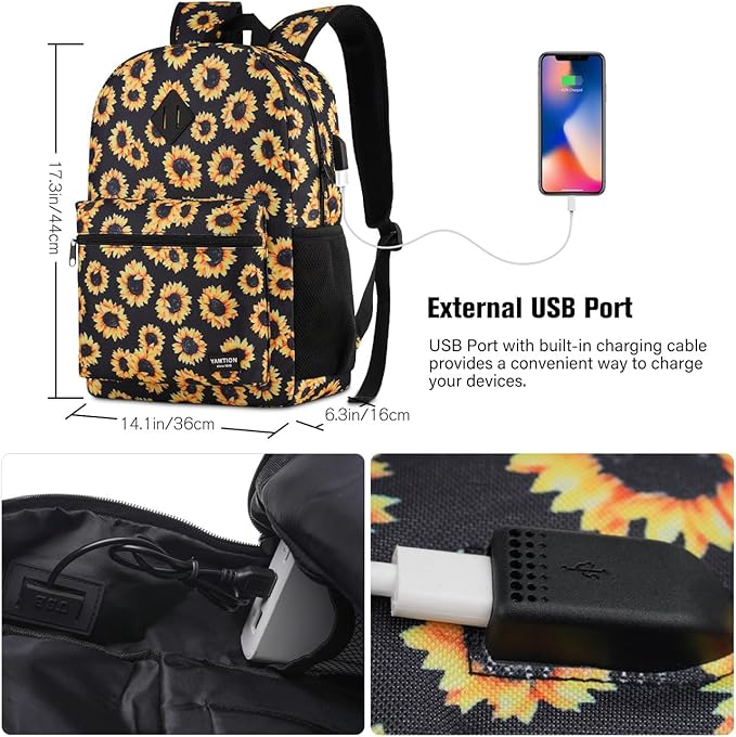 School Backpack,Sunflower Bookbag Men and Teen Boy Schoolbag with USB Charging Port for High School College Office Work Travel