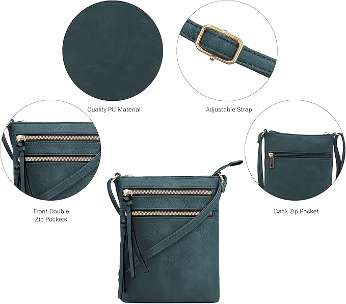 DELUXITY | Crossbody Purse Bag | Functional Multi Pocket Double Zipper Purse | Adjustable Strap | Medium Size Purse |GN