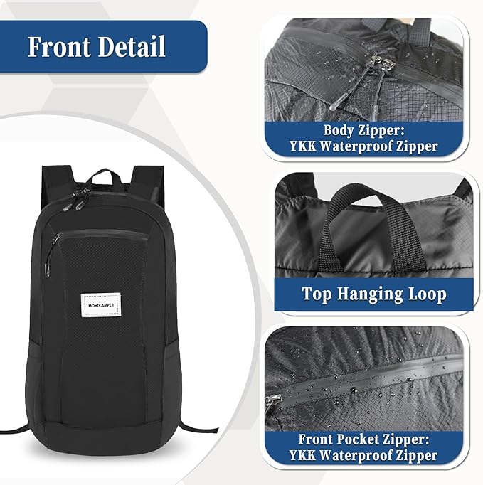 Hiking Daypack - Lightweight & Water-Resistant Portable Backpack for Travel, Camping, Outdoor Adventures(16L, black)