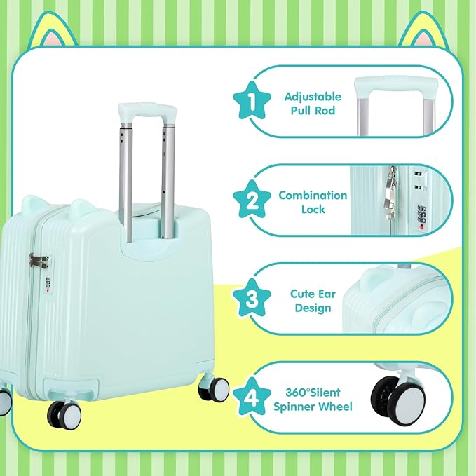 smilesun 20" Ride-On Travel Suitcase for Kids, Cute Ear Toddler Carry on Luggage with Spinner Wheels, Children Rolling Trolly Luggage with Combination Lock (Green NO Rope)