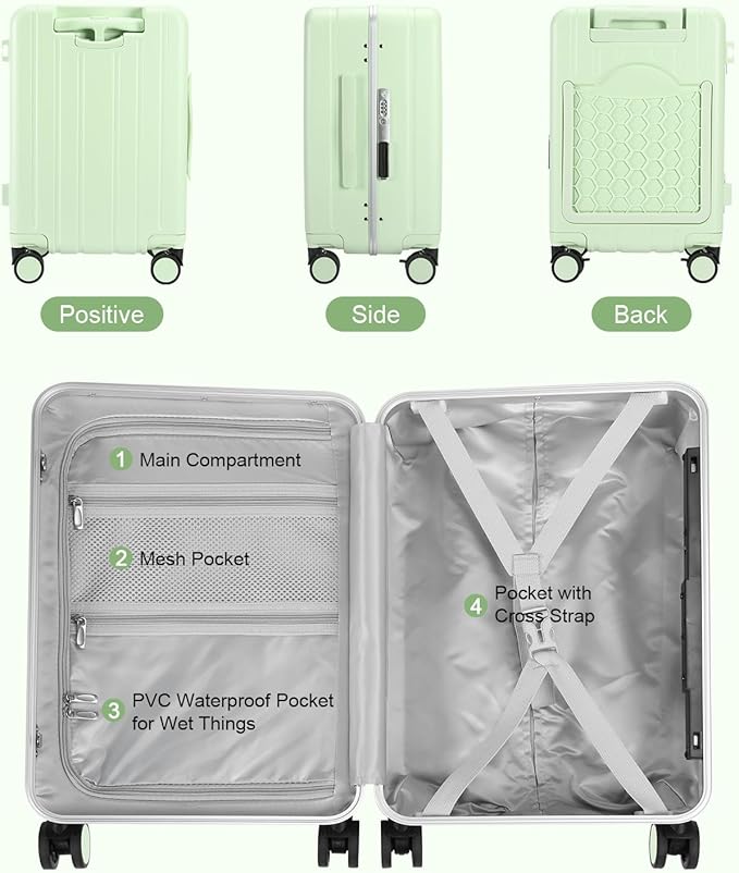 MRPLUM Carry On Luggage Double Handle Suitcase with Net Pocket,Hard Shell Spinner Wheels Luggage with TSA Lock&Seat Belt,20 inch,Green