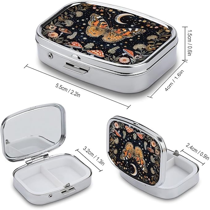 Metal 2 Compartment Pill Organizer Travel Friendly Portable Compact Pill Box Cute Pill Case,for Pocket Wallets Daily Portable Medicine Vitamin Tablet Storage (Butterfly)