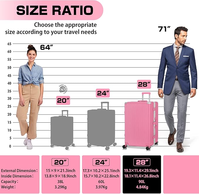 AnyZip Luggage Aluminium Frame Suitcase Hard Shell TSA Lock No Zipper 28In Rose Pink