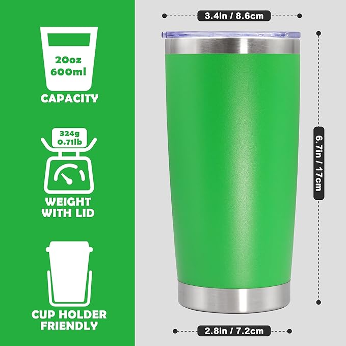 20oz Tumbler Bulk Stainless Steel Tumbler Cup with Lid Vacuum Insulated Double Wall Travel Mug, Durable Powder Coated Travel Coffee Tumbler Mug for Hot & Cold Drinks, Green,8 Pack