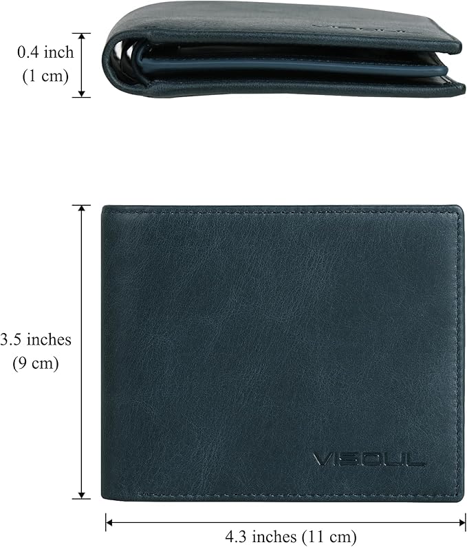 VISOUL Mens Bifold Leather RFID Blocking Wallet with 2 ID Windows, Soft Genuine Leather Card Holder Wallet with 2 Cash Compartments for Men (Dark Blue)