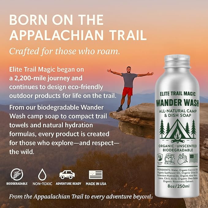 Wander Wash -Biodegradable Camp & Dish Soap Unscented | Made in USA | Organic All-Purpose Camping Gel Soap for Dishes, Hands & Gear – Eco-Friendly Reusable Aluminum Bottle | (8oz) (8floz/250ml)