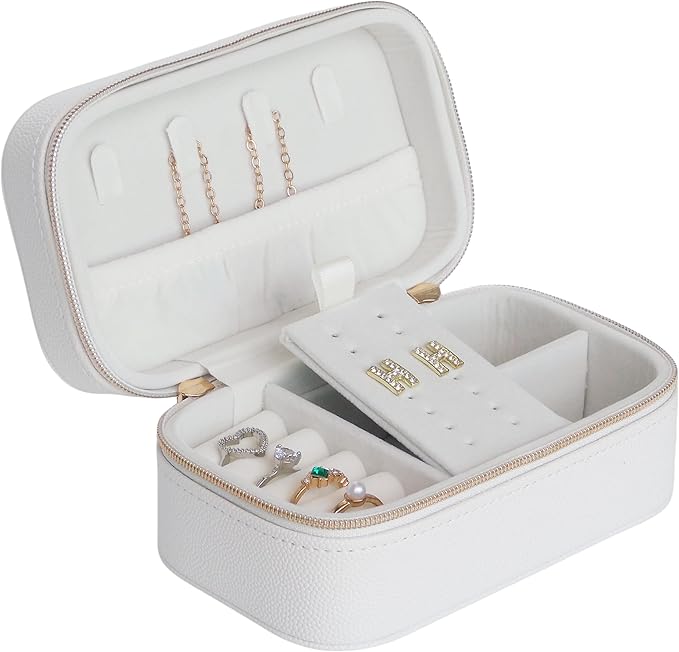 Small Jewelry Travel Case For Womens Small Rectangle PU Leather Jewelry Box With Zipper 2.56" H Portable Travel Jewelry Case For Big Earring Rings Necklaces Bracelets White Jewelry Gifts Box