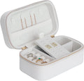 Small Jewelry Travel Case For Womens Small Rectangle PU Leather Jewelry Box With Zipper 2.56" H Portable Travel Jewelry Case For Big Earring Rings Necklaces Bracelets White Jewelry Gifts Box