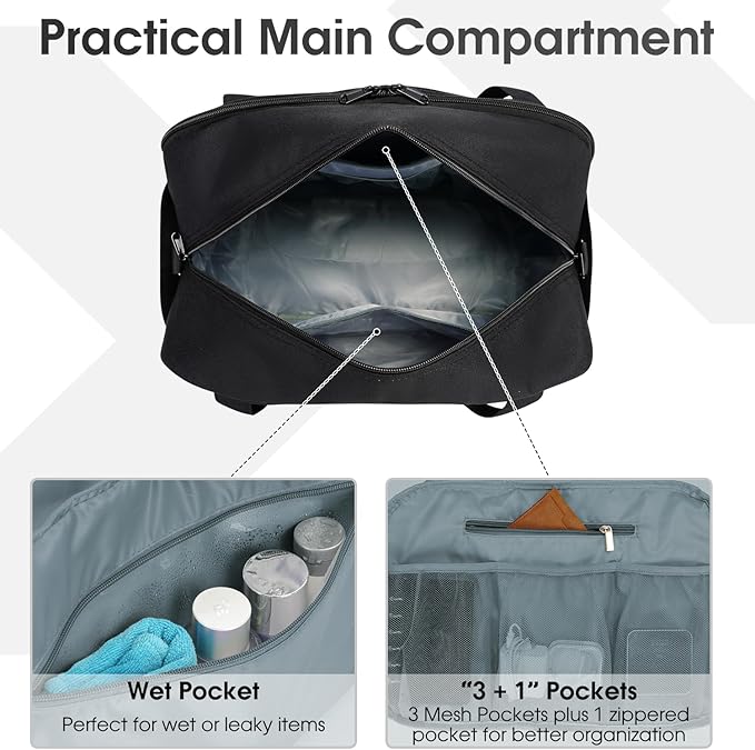Narwey 18" Carry on Bag with Laptop Compartment 14 Inch Travel Duffel Bag for Spirit Airlines Personal Item Bag Overnight Weekender Bag with Wet Pocket for Women and Men (Black)