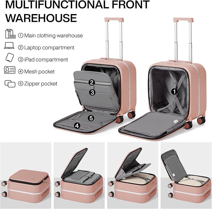 mixi Carry On Luggage, 18” Suitcase with Front Laptop Pocket, Travel Luggage Aluminum Frame PC Hardside with Spinner Wheels & TSA Lock and Cover (Not for Underseat), Pink