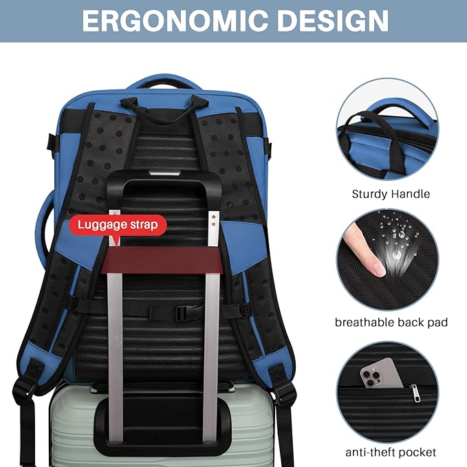 Travel Backpack Carry On Flight Approved, Lightweight Large Travel Backpack, Expandable with USB Charging Hole, Waterproof Causal Bookbag for Travel Work College Fits 17 inch Laptop, Blue