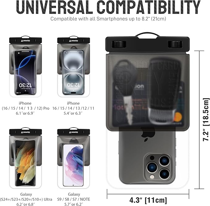 Universal Waterproof Phone Pouch [Double Space] IPX8 Dry Bag with Lanyard for iPhone 16 15 14 13 12 Pro Max XS XR X Galaxy S25 S24 S23 Ultra, Fit All Phones Up to 8'', Gray