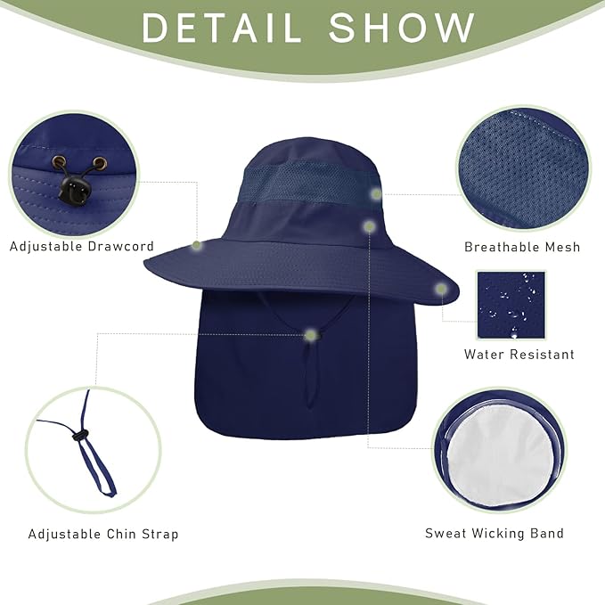 Fishing Hat Breathable Wide Brim Sun Hats with Neck Flap Bucket Hat Outdoor Safari Hat for Men Women UPF 50+ Sun Protection