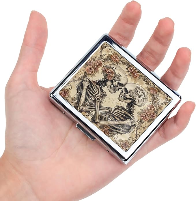 Cute and Stylish Metal Pill Box - Compact Portable Pill Organizer with 8 Compartments, Food-Grade Divider, Ideal for Travel, Vitamins, Jewelry, Cosmetics (Skull Bouquet)