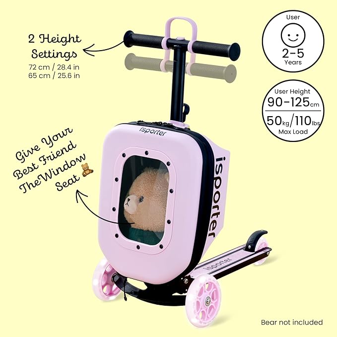iSporter Luggage Scooter for Kids Ages 2-5 | Ride-On Suitcase Scooters for Boys Girls | Foldable & Height Adjustable, 110lbs Max