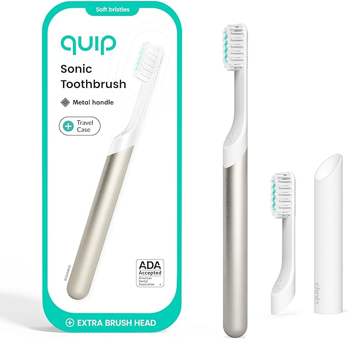 Quip Metal Sonic Toothbrush, Electric Toothbrush for Adults –Time Travel & Soft Bristles with Travel Case & Replaceable Brush Head -3-Month Battery Life - Moonrise Champagne