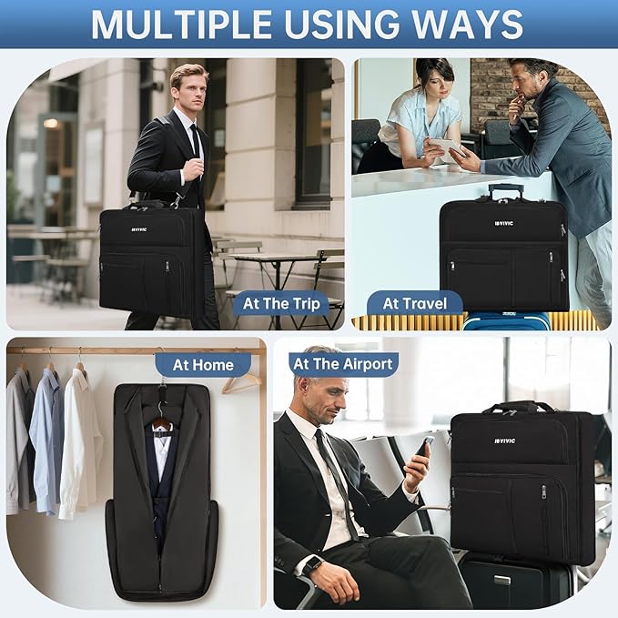 Garment Bags for Travel, 41'' Water-Resistant Carry On Garment Bag for Hanging Clothes, Large Suit Travel Bag Convertible Travel Garment Bag for Shirts, Dresses, Coats (Black)
