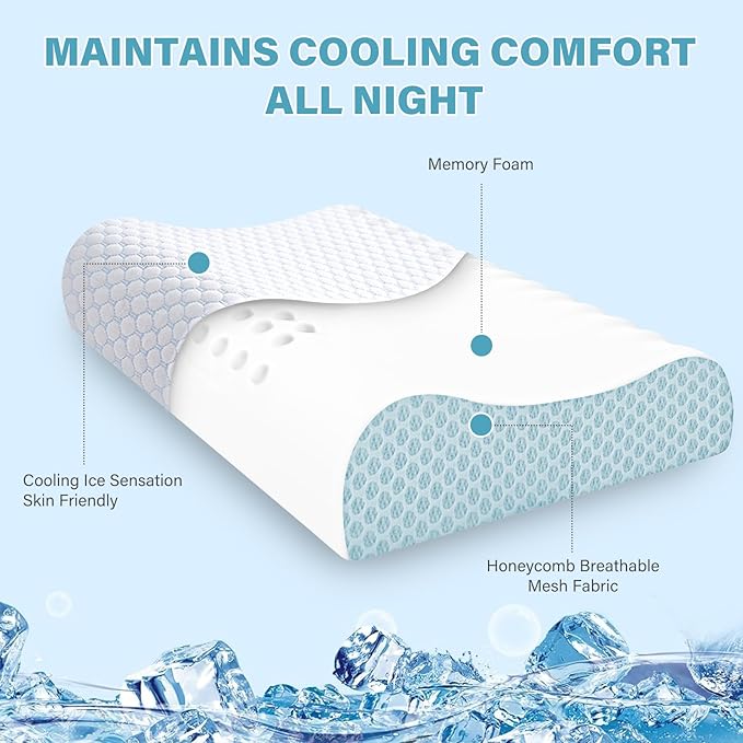 Memory Foam Pillows 2 Pack Neck Pillow - Neck Support Pillow for Pain Relief, Ergonomic Cervical Pillow for Sleeping, Orthopedic Contour Bed Pillow for Side, Back, Stomach Sleepers,Blue