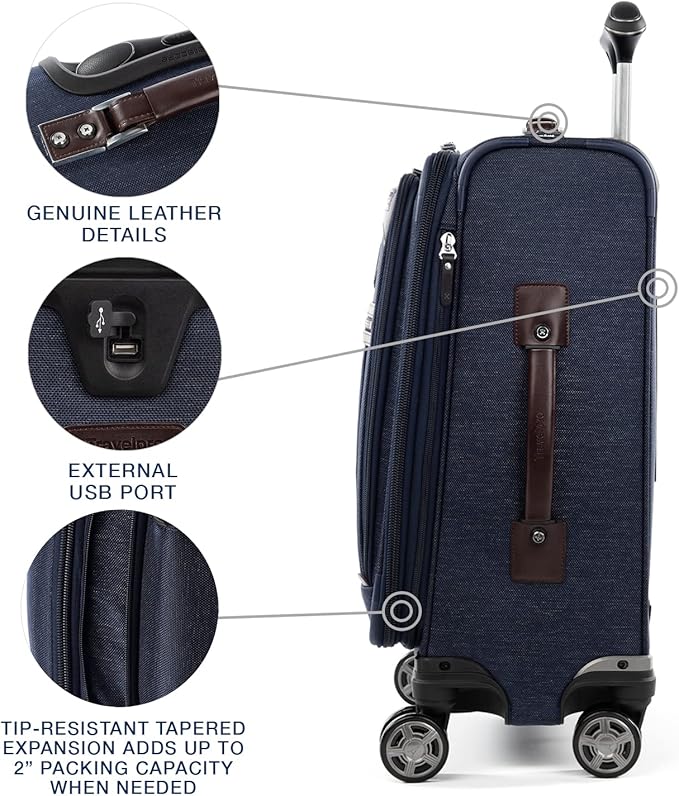 Travelpro Platinum Elite Softside Expandable Carry on Luggage, 8 Wheel Spinner Suitcase, USB Port, Laptop and Tablet Sleeves, Men and Women, True Navy Blue, Carry On 20-Inch
