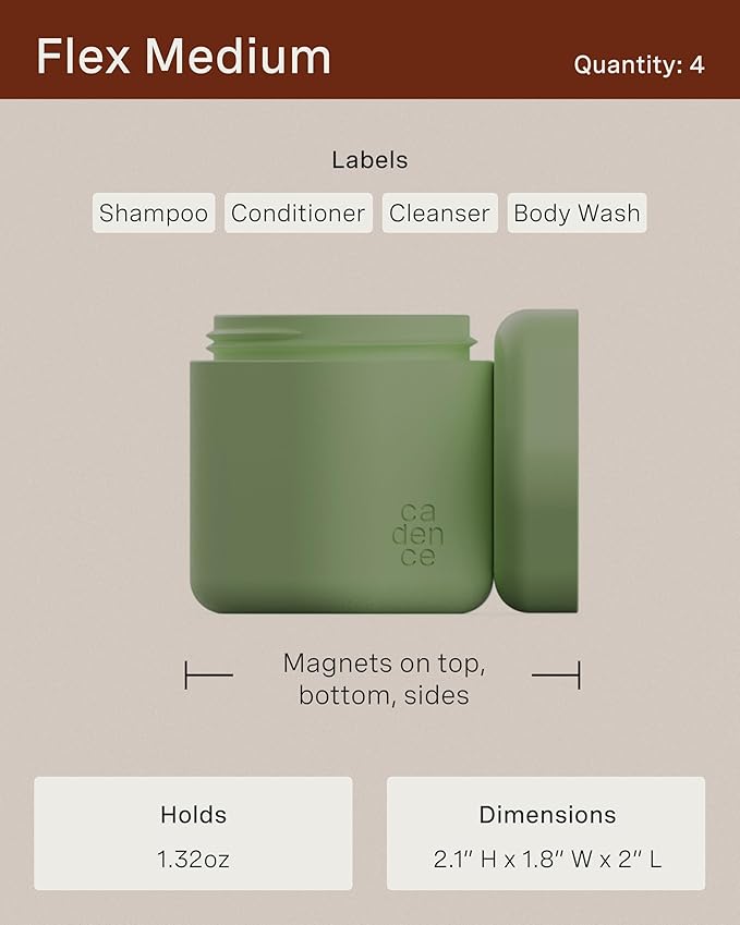 Cadence Travel Containers - Daily Routine Capsule Set - Magnetic Containers with Lids,4 Flex Mediums (1.32oz) & 3 Flex Smalls (0.56oz) - Shampoo, Conditioner, Body Wash, Pills, & More - Petal