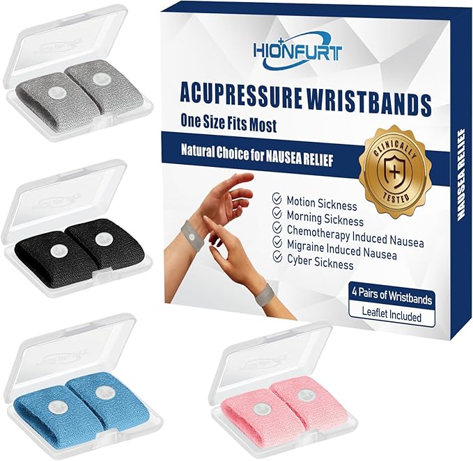 Motion Sickness Bands Anti Nausea Wristband for Adult and Kids Morning Sickness Relief for Pregnant Women Acupressure Nausea Relief for Car, Sea, Air Sickness -4 Pairs Grey, Black, Blue, Pink