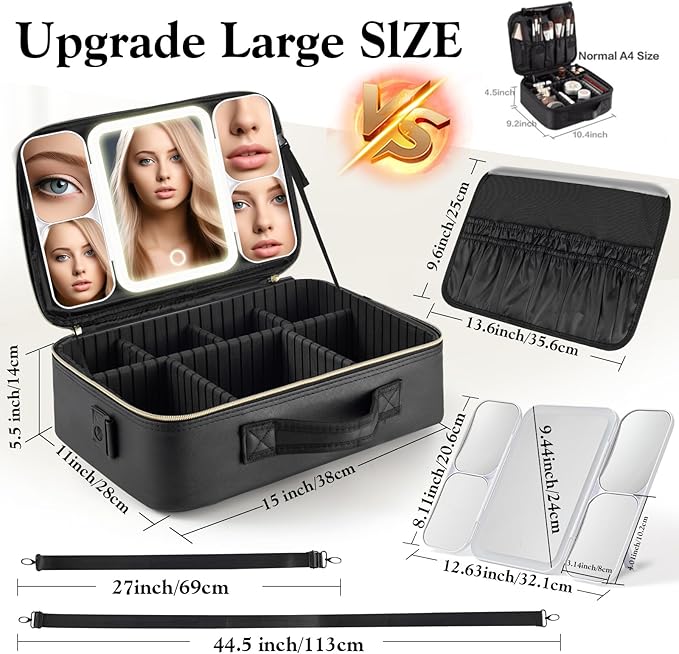 Extra Large Makeup Bag with LED 1X5X10X20X30X Magnifying Mirror and Travel Makeup Train Case Cosmetic Organiser with Mirror and Separate Makeup Brush Panel, Portable Adjustable Divider,Black-XL