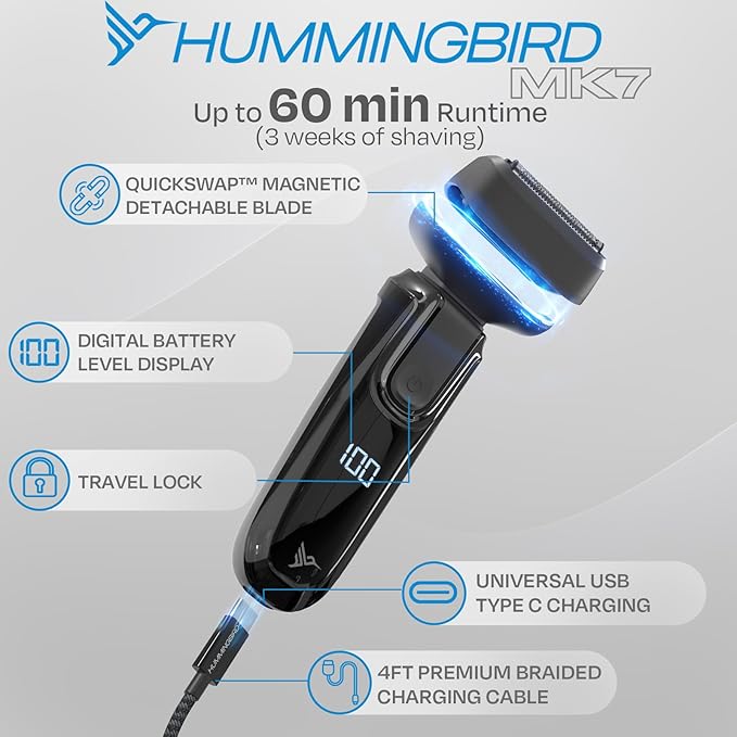 HUMMINGBIRD MK7 Premium Foil Face Shaver, Four Blade Foil Shaver with Long Hair Leveler, Electric Razor for Men, Waterproof Wet & Dry Shave, Cordless USB-C Rechargeable, LED Display, Travel Case