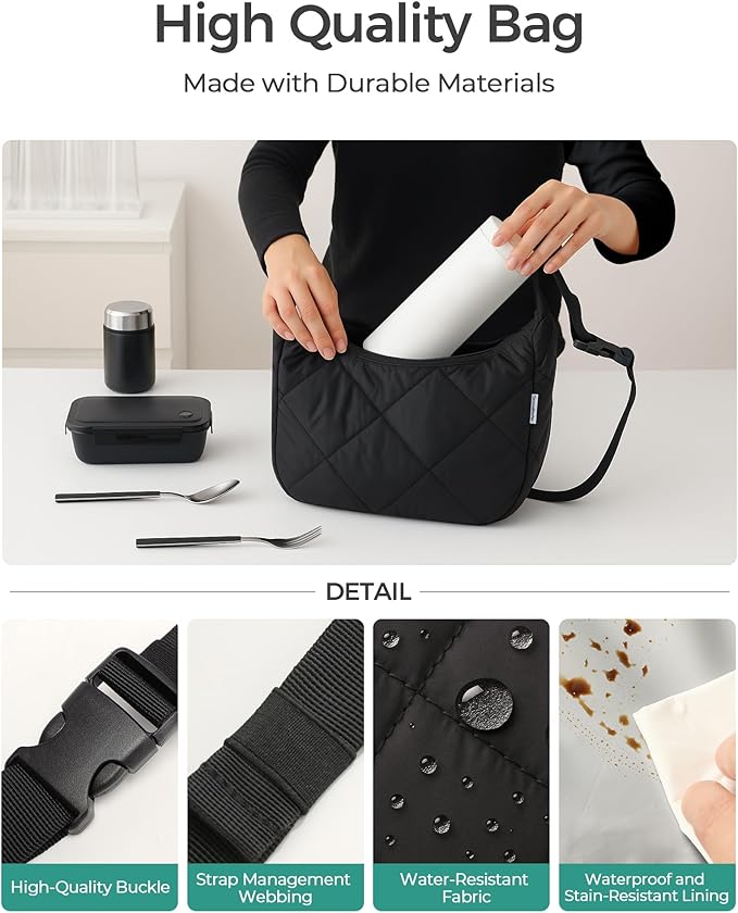 Insulated Lunch Bag for Women, Quilted Reusable Lunch Box with Adjustable Strap, Waterproof Cute Puffy Bento Tote, Stylish Cooler Bag for Work, Picnic or Travel, Black