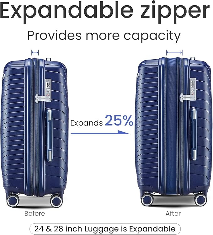 Campfun Luggage 4 Piece Sets, Expandable Carry On Luggage Set Hardshell PP, Suitcase Set with Double Spinner Wheels, Checked Durable Lightweight with TSA Lock, 14in 20in 24in 28in-Blue(B)