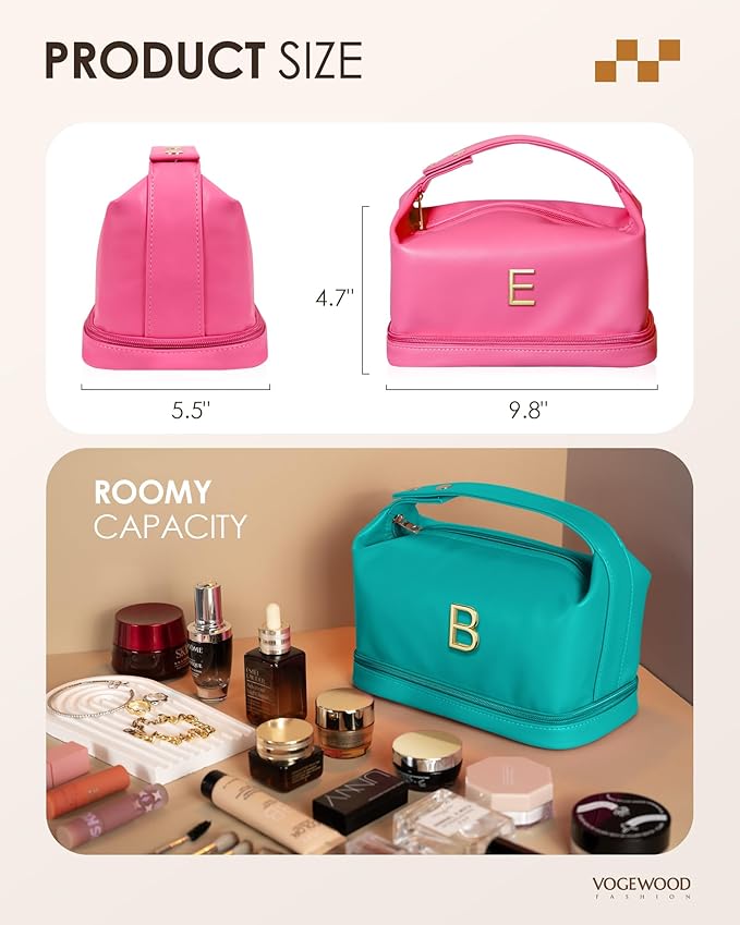 Gifts for Teenage Girls, Personalized Makeup Bag with Handle, Initial Double Layer Cosmetic Bag with Makeup Brush Organizer, Cute Cosmetic Pouch for Women, Gifts for Friends Female Mom