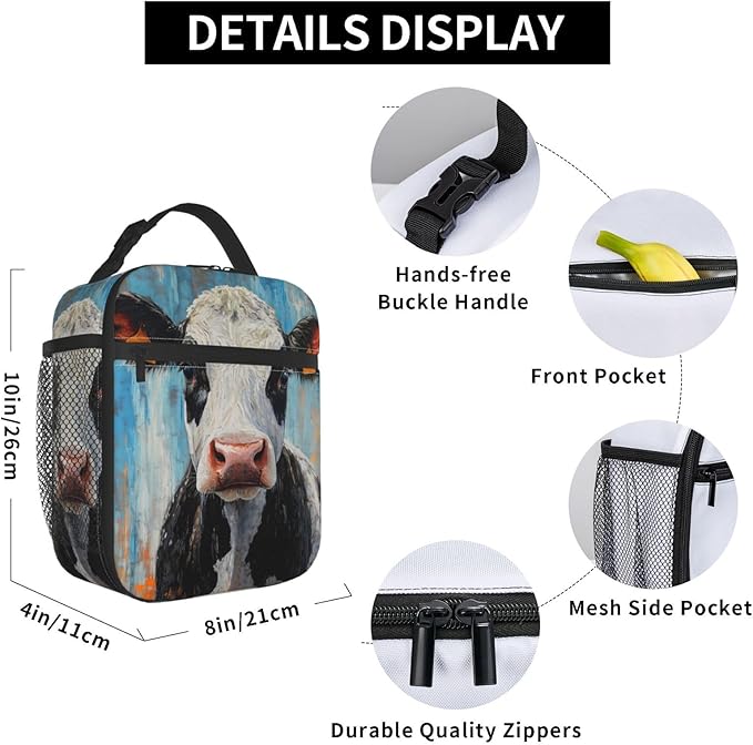 Cow Lunch Box for Kids Aldults, Realistic Animal Reusable Thermal Insulation Cooler Tote Bags, Black White Calf Pattern Insulated Bag for Student, School Picnic Camping Travel, Gifts