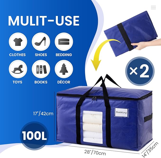 TAILI 2 Pack Dark Blue Extra Large Moving Bags, Heavy Duty Totes with Visible Window, Wrap Around Handles, Great for Storage