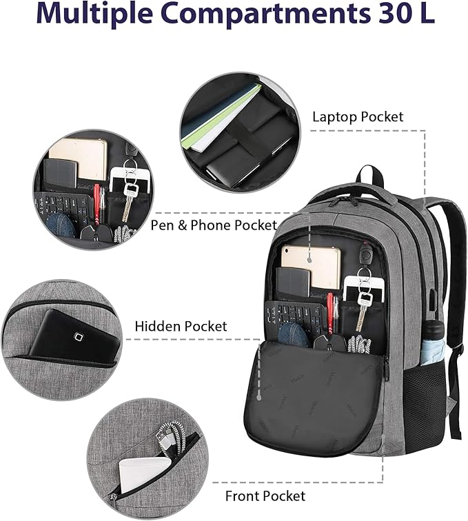 MATEIN Travel Laptop Backpack, 17 Inch Work TSA Approved Carry on Backpack, Large Computer Business Bag for Men Women with USB Port and Trolley Sleeve, College School Rucksack Book Bag, Grey