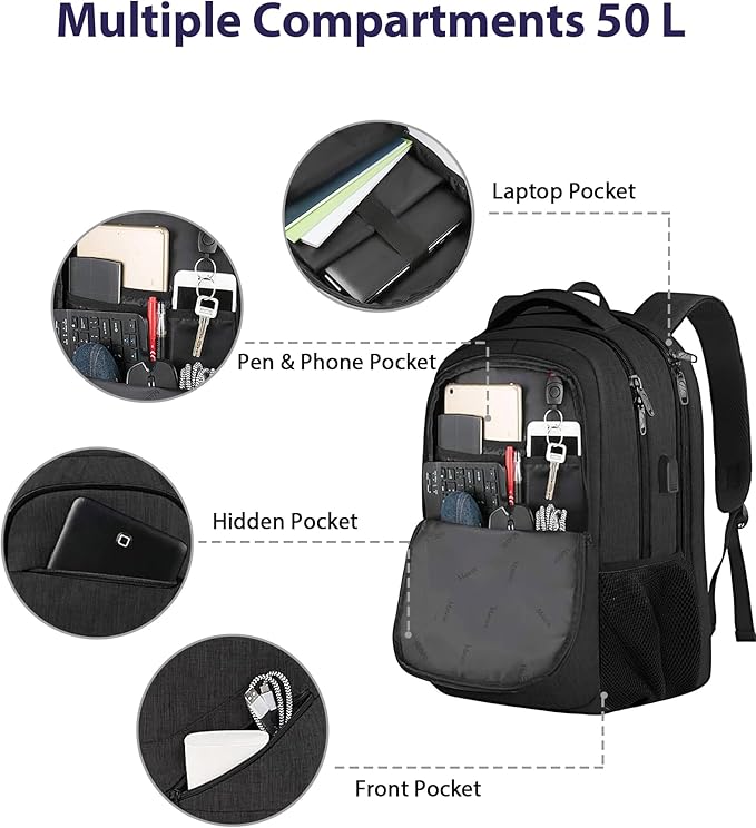 MATEIN 18.4 Inch Laptop School Backpack 50 L, Extra Large Anti Theft Carryon Backpack for Men Women TSA Approved, Work Business Bag with USB Port & Luggage Strap for Travel, Black