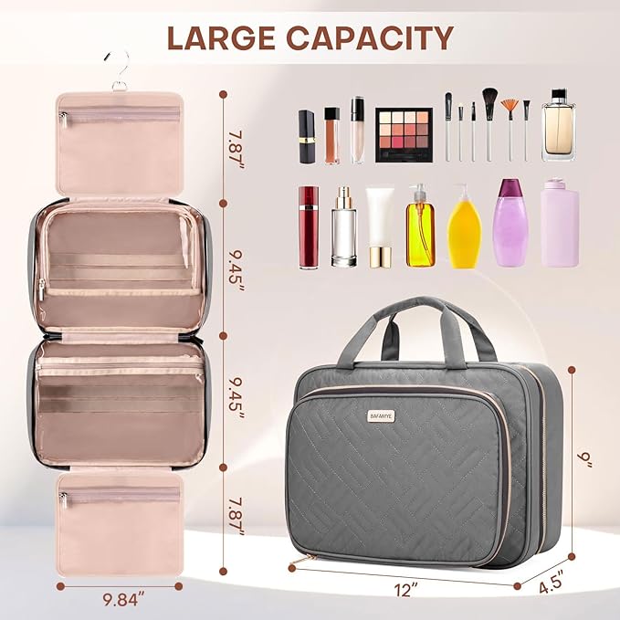 Toiletry Bag for Women with Jewelry Organizer Compartment, Jewelry Boxes for Gifts, Travel Makeup Cosmetic Bag with Hanging Hook for Full-sized Toiletries, Shampoo - Grey, Gifts for Women