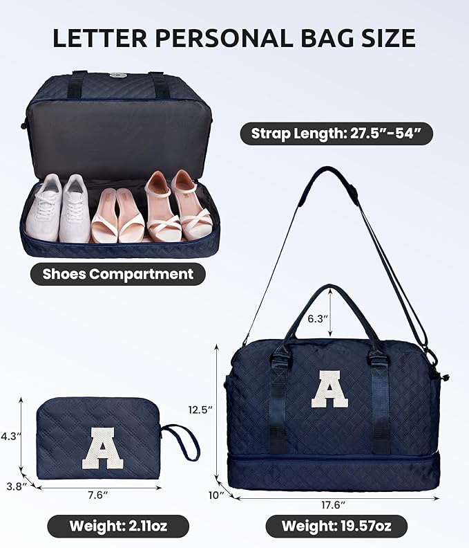 Gifts for 7 8 9 10 11 12 13 14 15 16 Year Old Girls-Initial Duffle Bag with Shoe Compartment, Personalized Weekender Bag, Overnight Bags for Women, Travel Bag with Makeup Bag (Letter J)